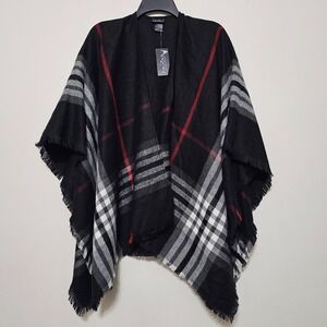 FRAAS Women's Poncho One Size Black White Red Plaid Long Sleeves Open Front 1049